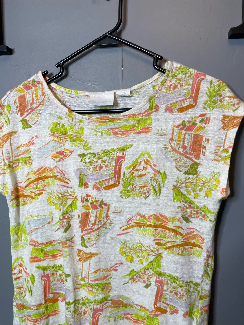 Cynthia Rowley Womens Linen Knit Top Size M Scenic Coastal Print Resort Vacation - Picture 2 of 10